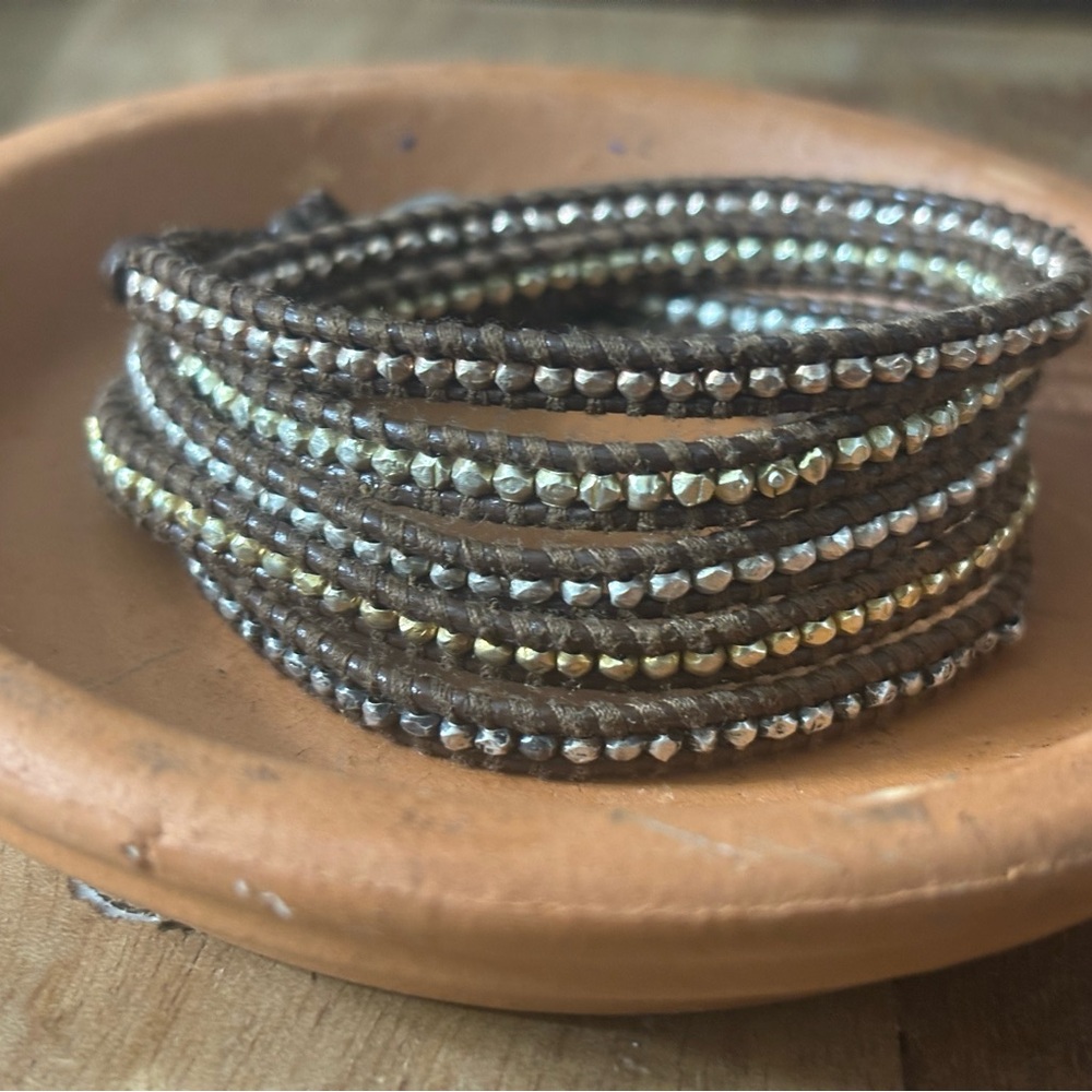 CHAN LUU Classic Wrap Bracelet with Sterling Silver Beads on Brown Leather